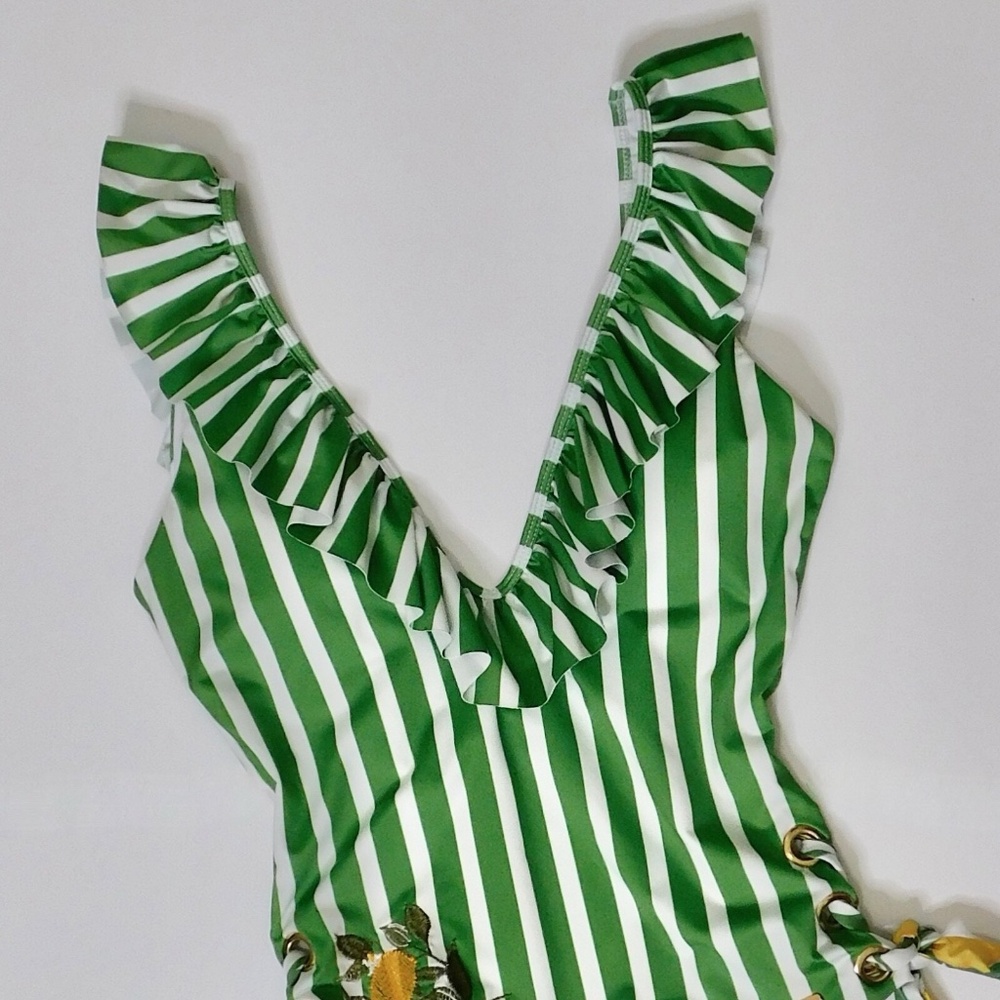 Anthropologie Green and White Striped Ruffle One-Piece Swim - Picture 4 of 13